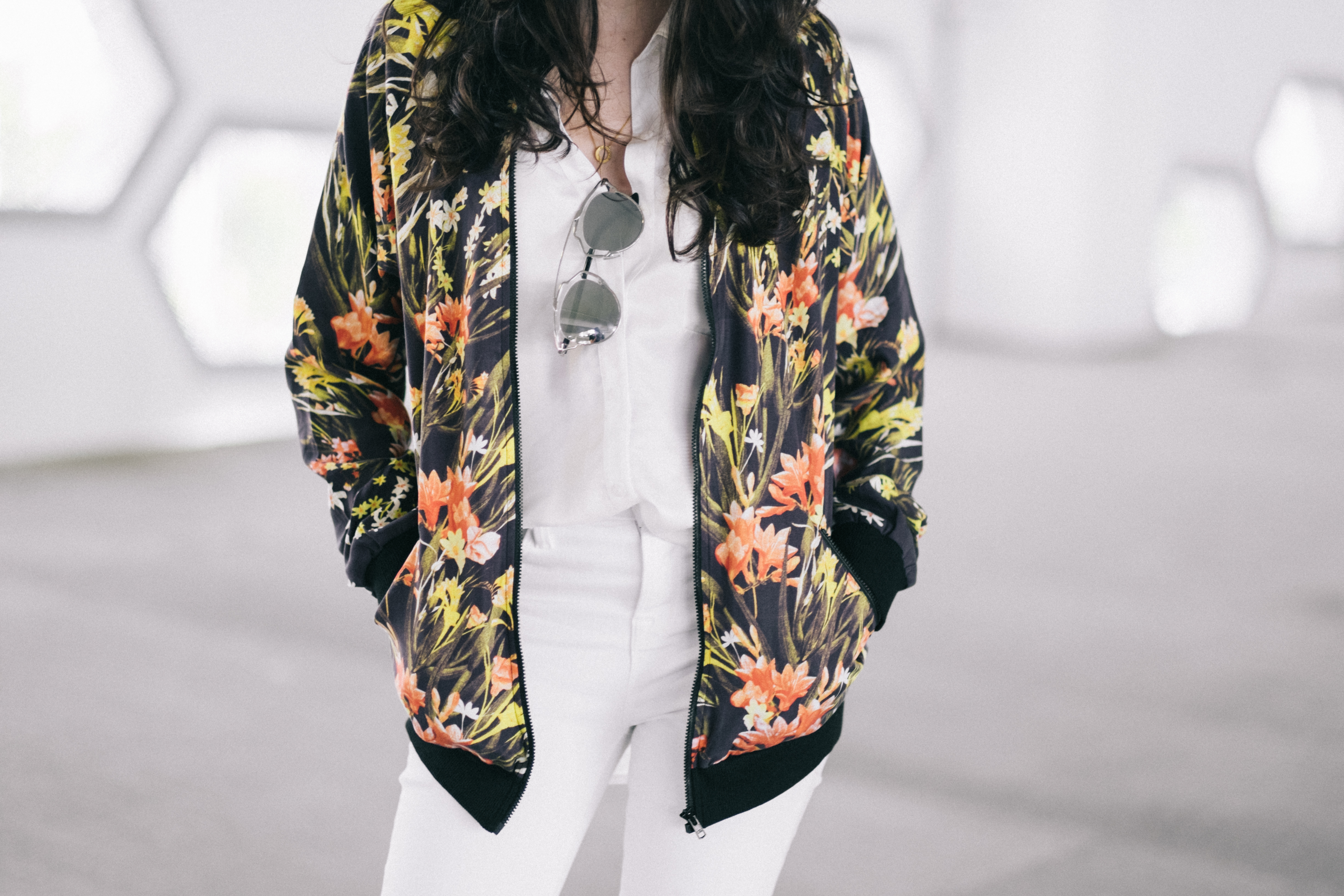 Floral bomber jacket - Somedays Lovin - Miami Fashion Blogger - JBrand white jeans