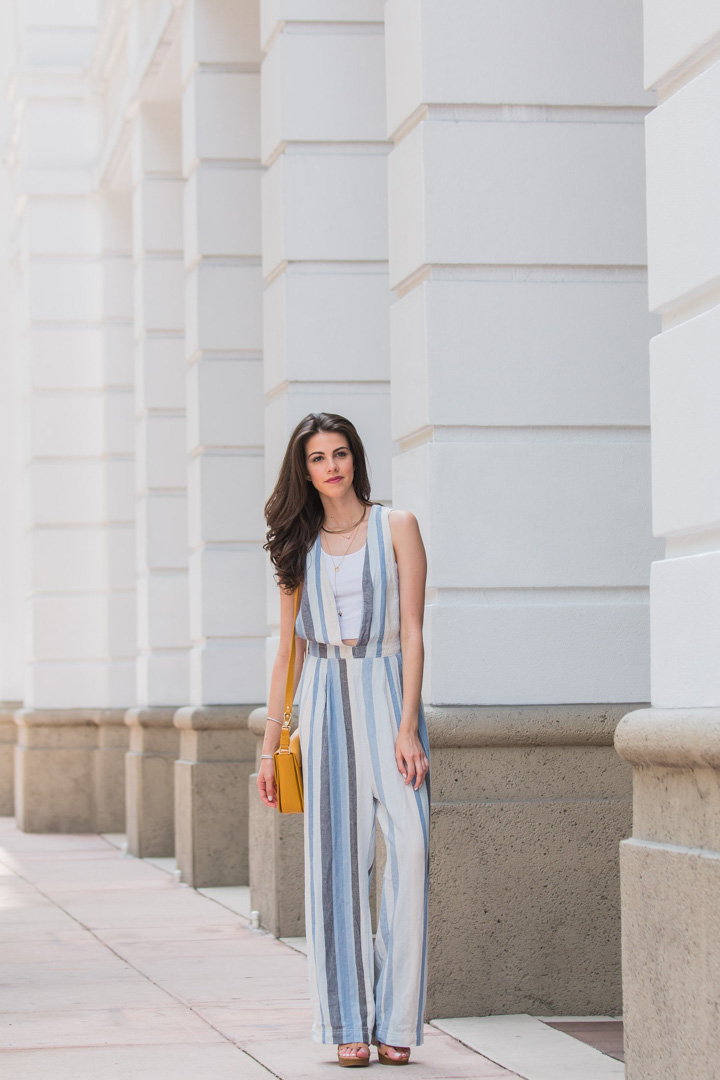 Jackie Roque wearing the Free People "My Kind Of Woman" stripe jumpsuit 