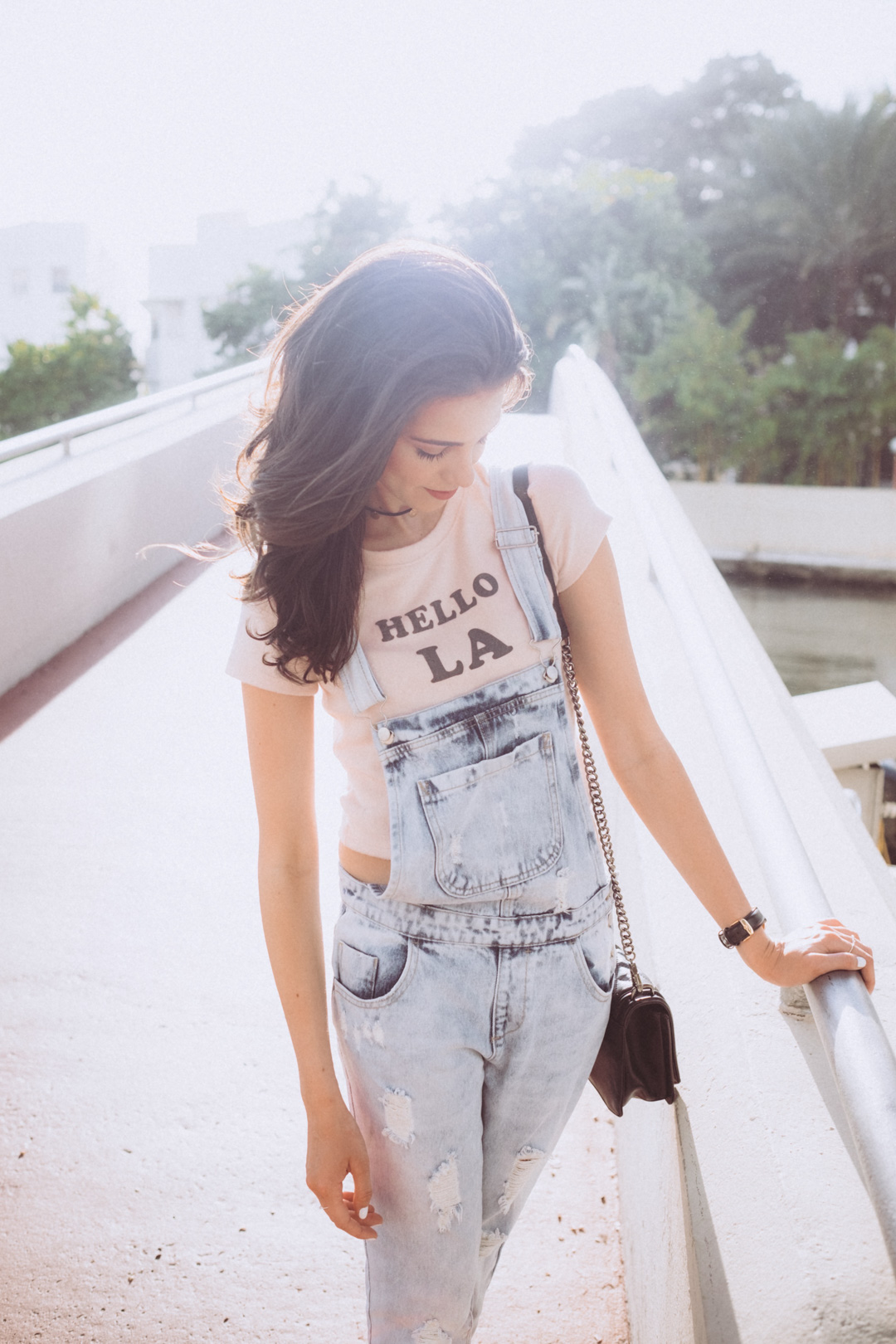 Dash of panache wearing Forever 21 Overalls and Hello LA Tee