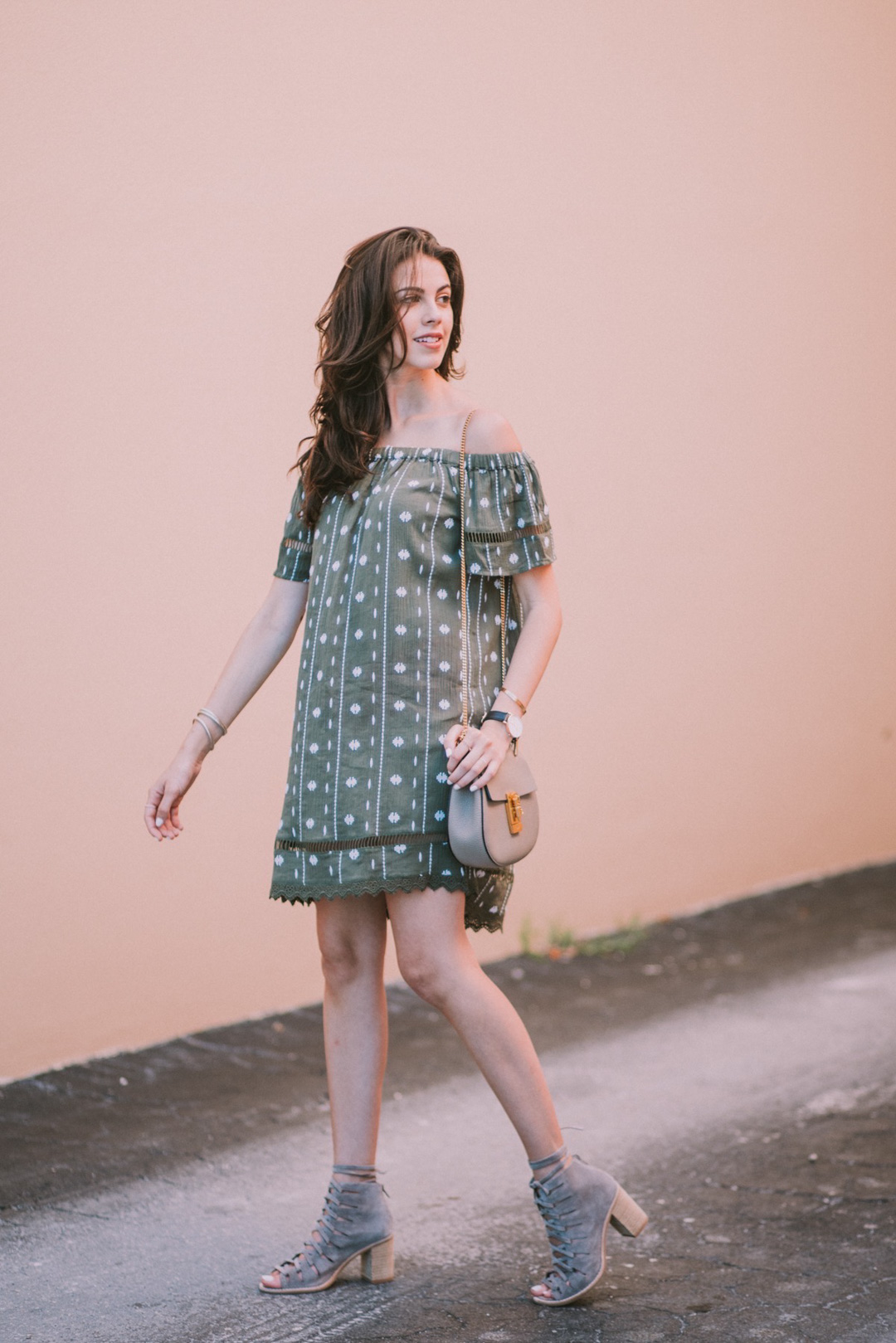 Jackie Roque styling a Topshop off the shoulder embroidered dress with Jeffery Campbell Shoes and the Chloe Drew bag