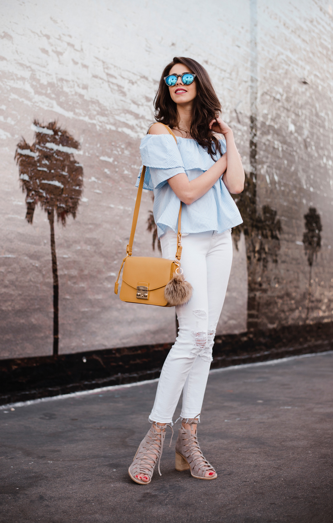 Shein off-the-shoulder top, J Brand Jeans and Taudrey Necklace , Furla bag, Illesteva sunglasses, Jefferey Campbell Shoes