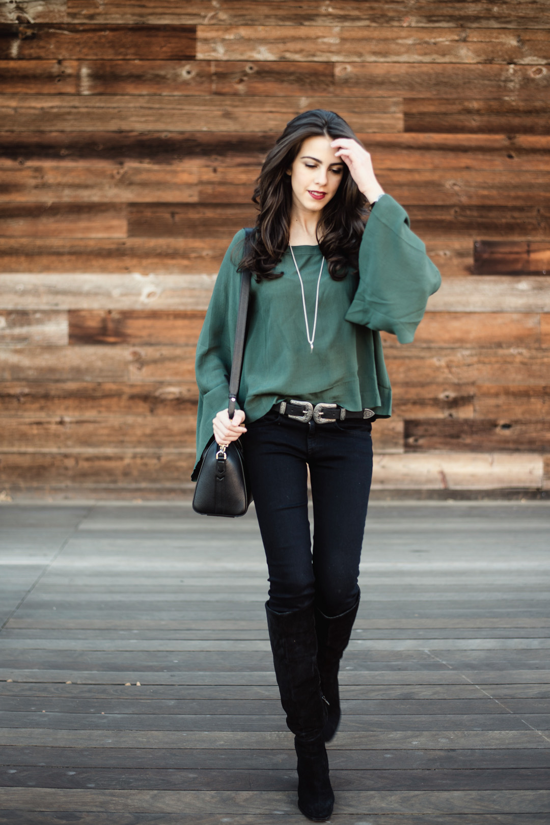 Jackie Roque styling a BP bell sleeve top, J Brand black jeans in Malibu