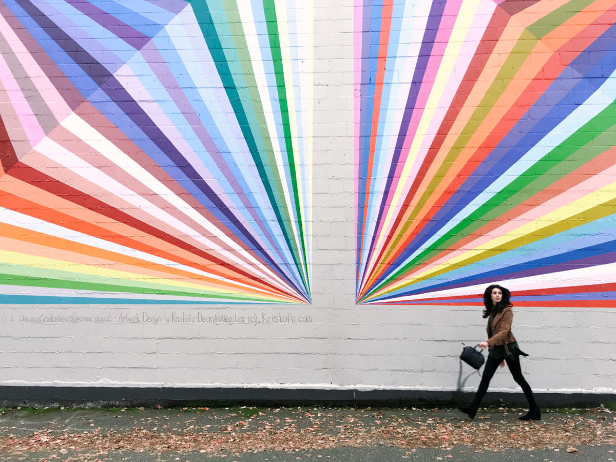 Jackie Roque in the rainbow wall Vancouver
