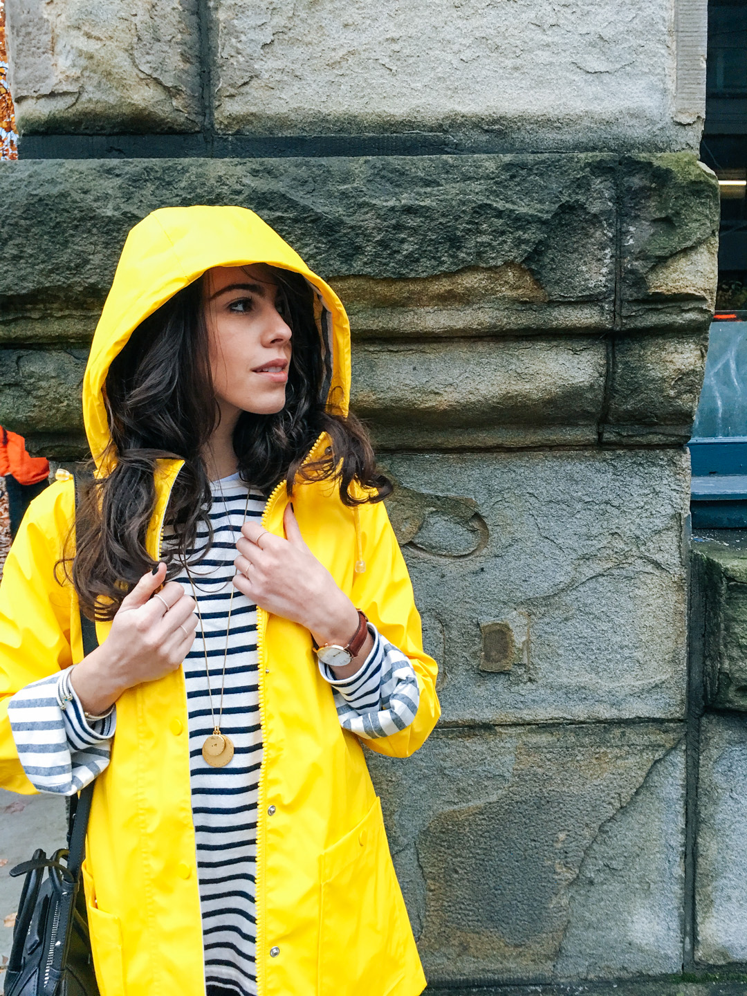 Jackie Roque styling a Topshop yellow raincoat in Vancouver