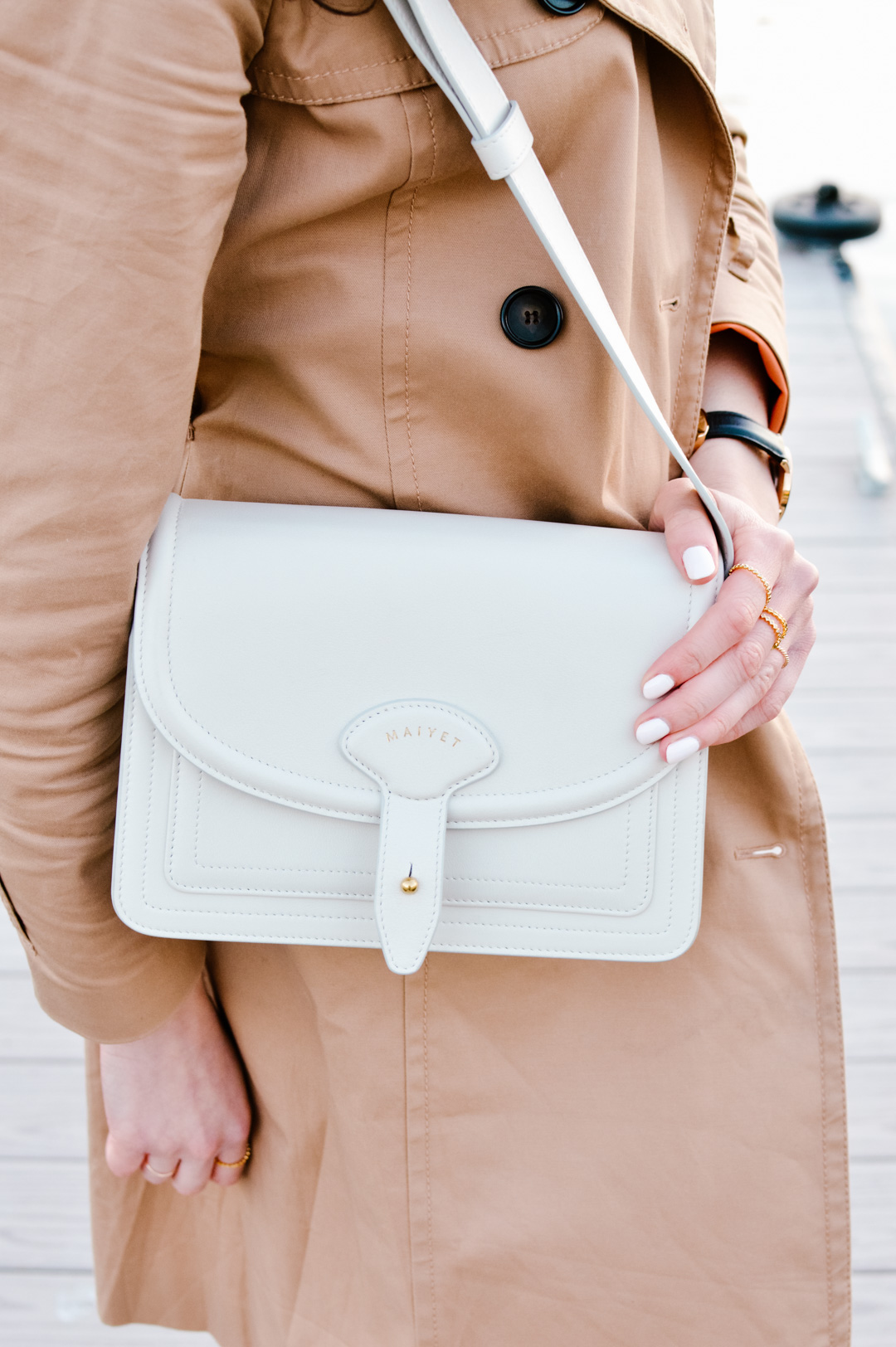Jackie Roque styling a Maiyet white satchel