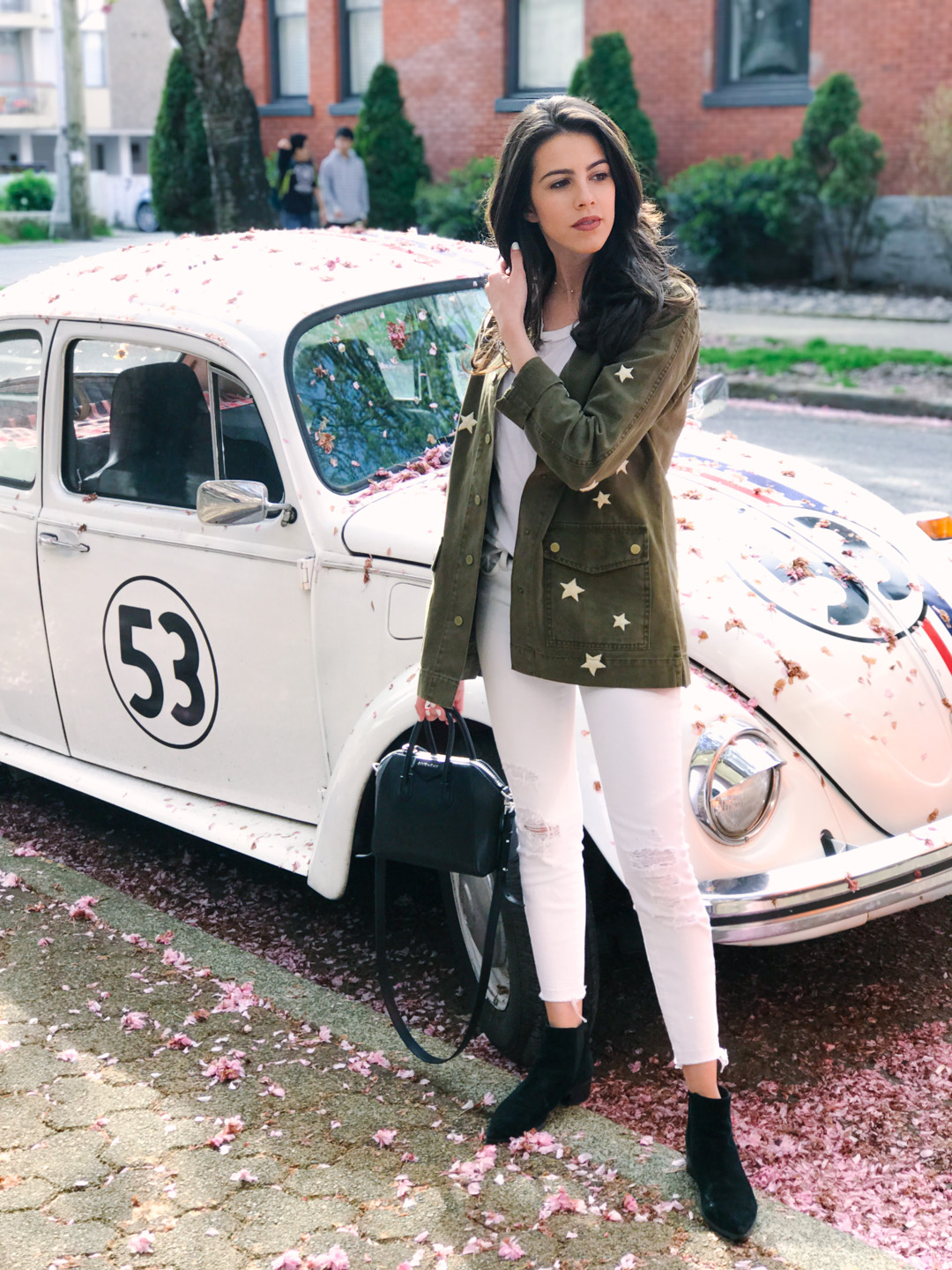 Jackie Roque styling the Sincerely Jules Bailey Stars Jacket in Vancouver.
