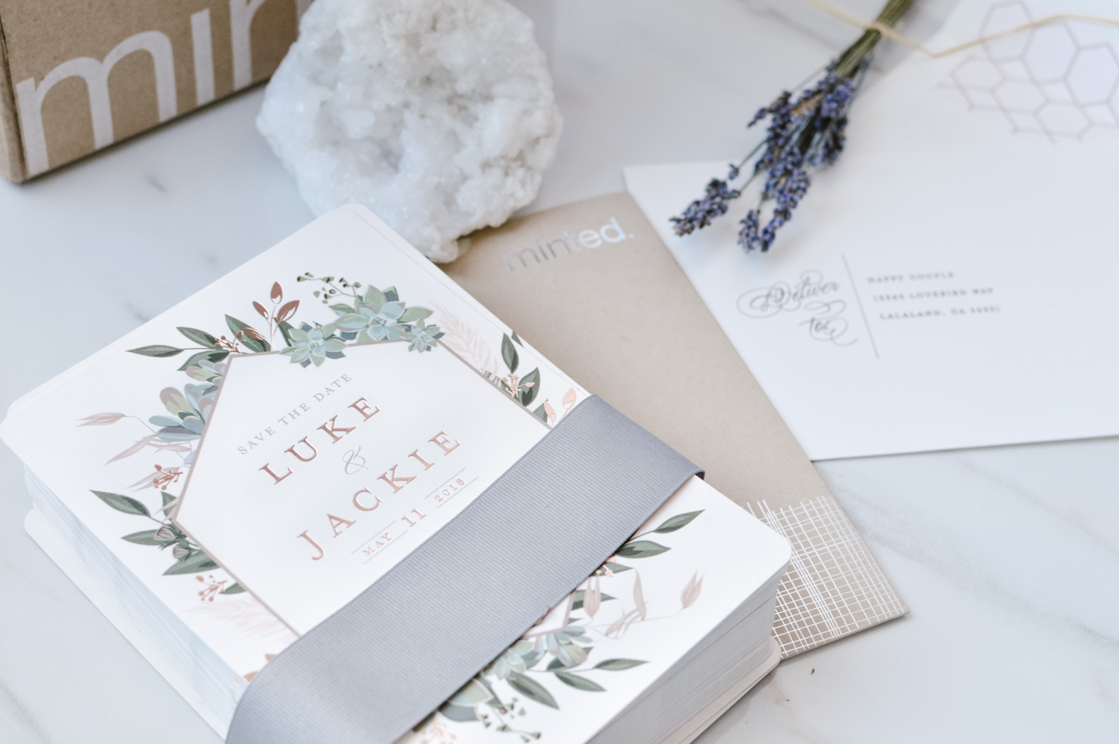 Jackie roque and Luke save the date with Minted.