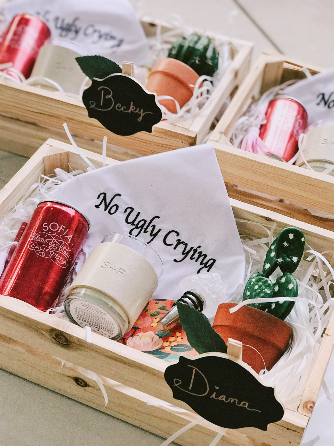 bridesmaid proposal box with a candle, No Ugly Crying handkerchief.