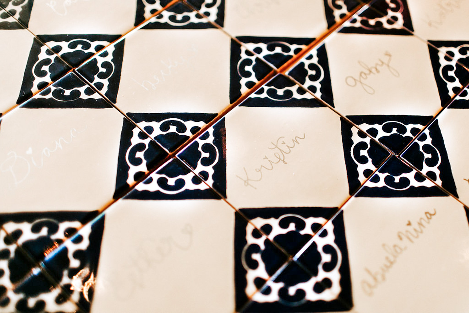 Personalized Spanish tiles for seating at Jackie Roque's Spanish themed bridal shower in Miami.