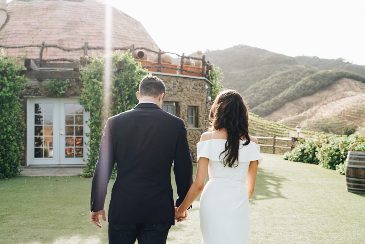 Jackie Roque and Luke Salas rehearsing their marriage at Saddlerock Ranch Vineyard The Dome in Malibu, California.